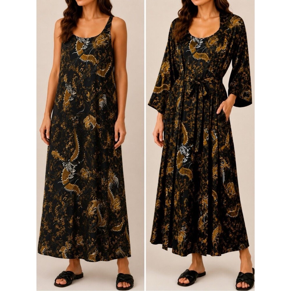 Natori XL Black Gold Dragon Print Satin Slip Dress Robe Lounge Set Asian Chic